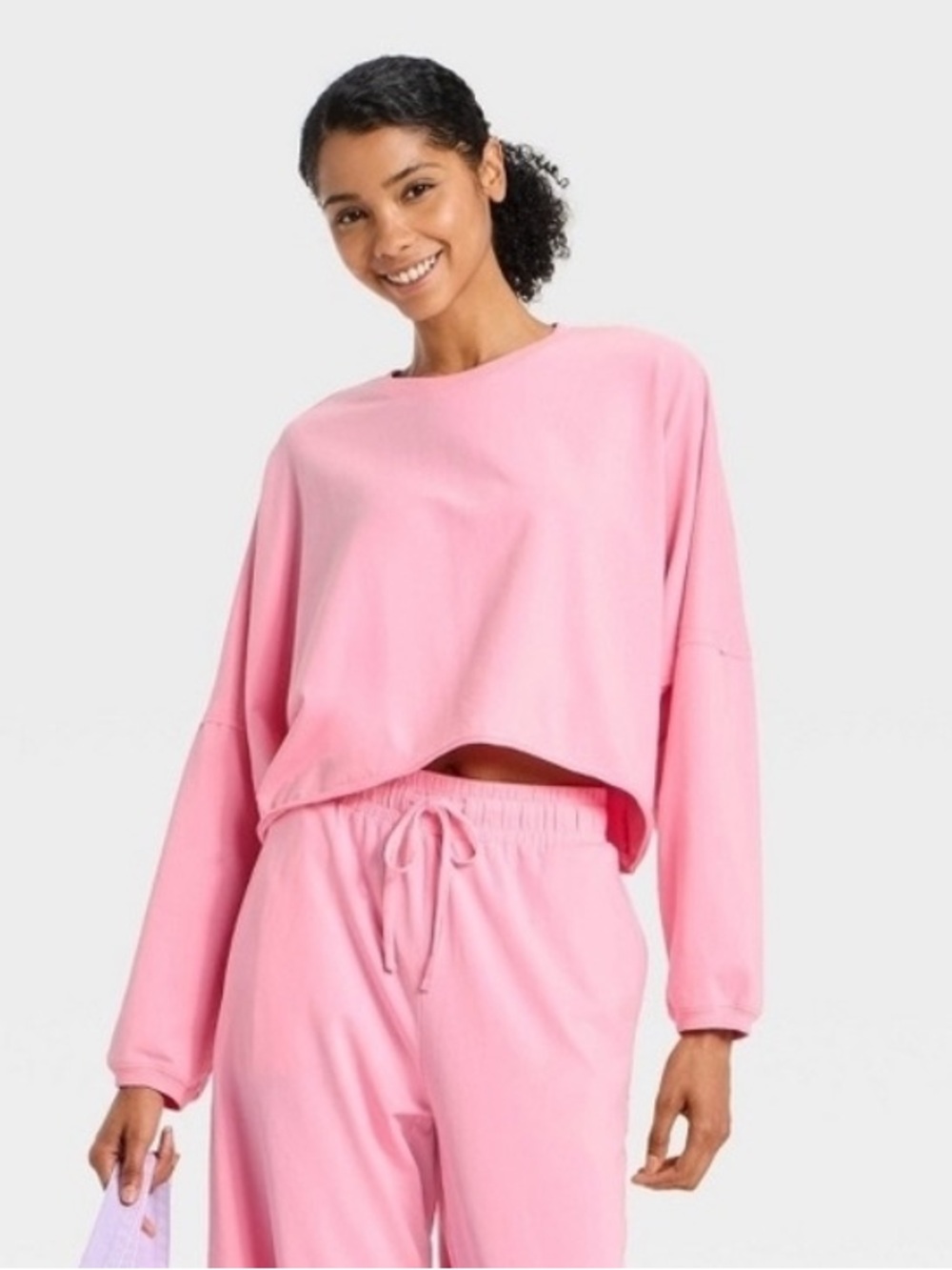 JoyLab Bubble gum Pink Cropped Fit Oversized Long Sleeve Tee Top NWT XL - Picture 3 of 4